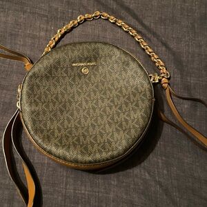 Michael Kors Round Logo Crossbody in brown and Tan with Gold Chain